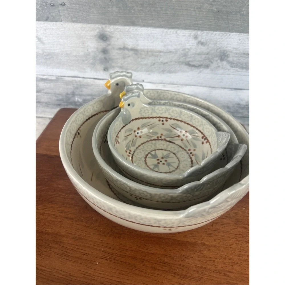 Temp-Tations By Tara Old World Gray Chicken Nesting Bowls 1.5QT, 22Oz, & 10 Oz